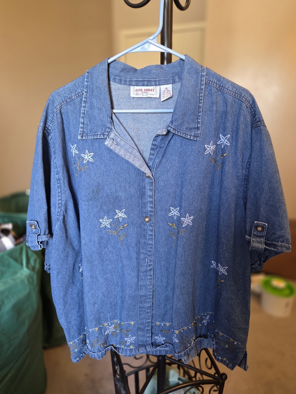 Jane Ashley Denim Button-Front Shirt with White Floral Embroidery